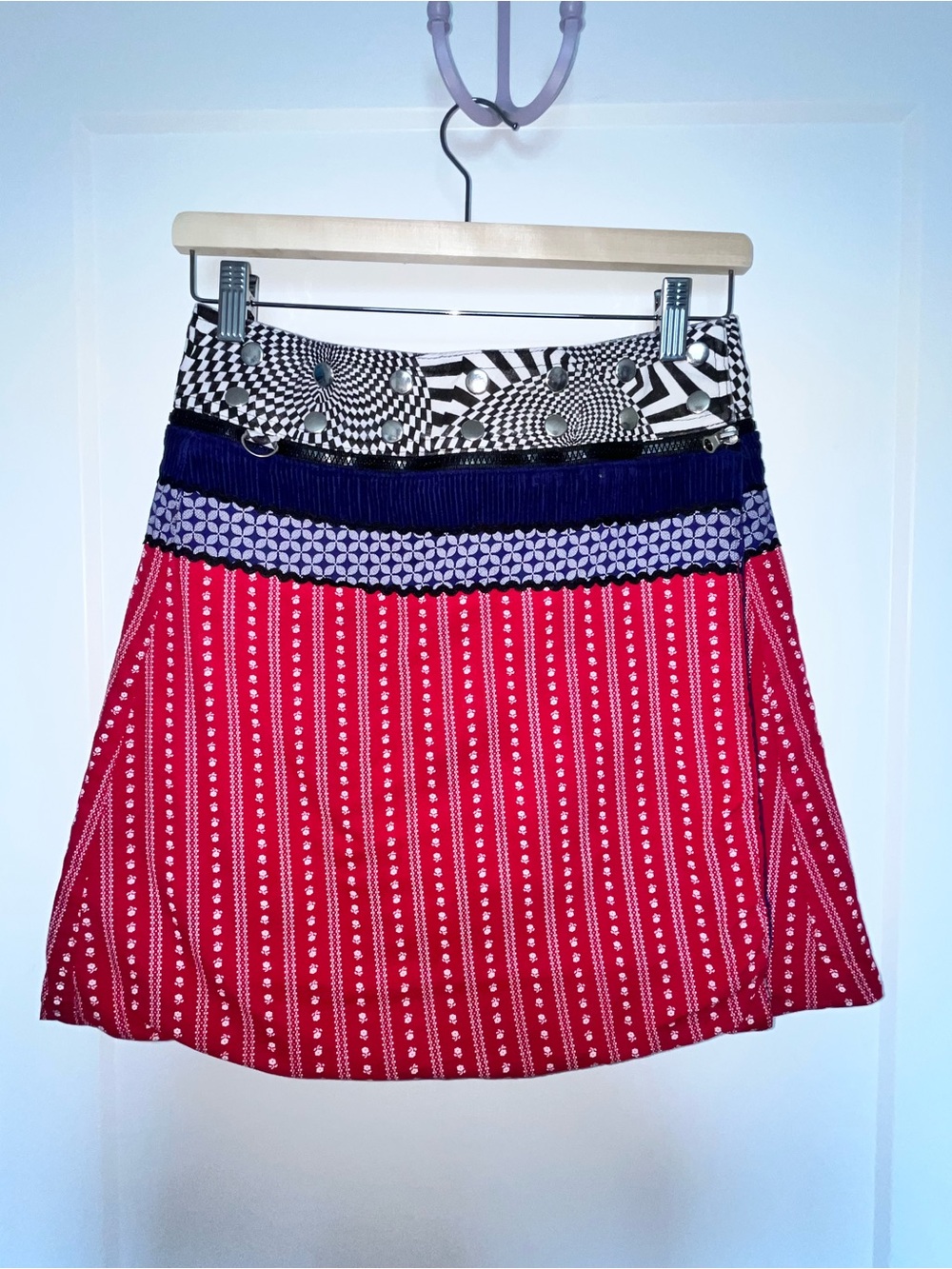 Women's Red Patterned A-Line Skirt with Blue Accents